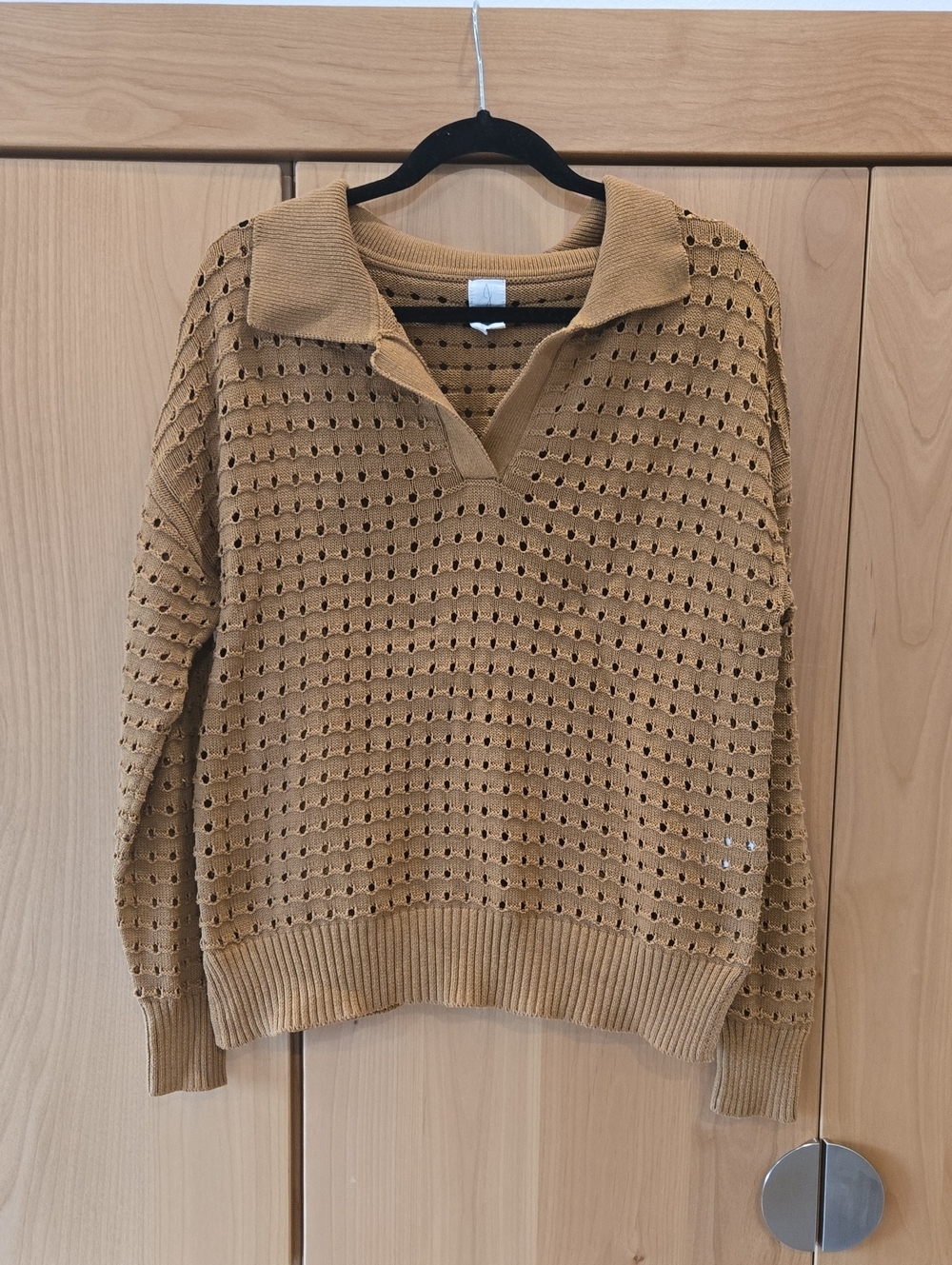 Joie Open-Knit V-Neck Polo Sweater in Camel, GUC, L, Quiet Lux, Comfort Chic